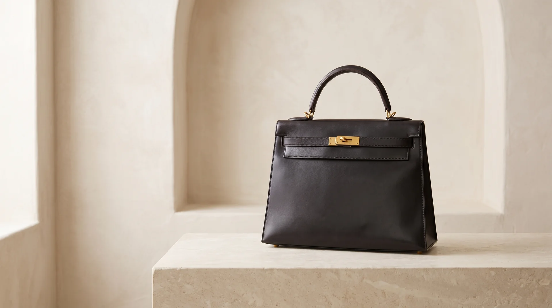Black Hermès Kelly 32 on pale limestone, campaign still life
