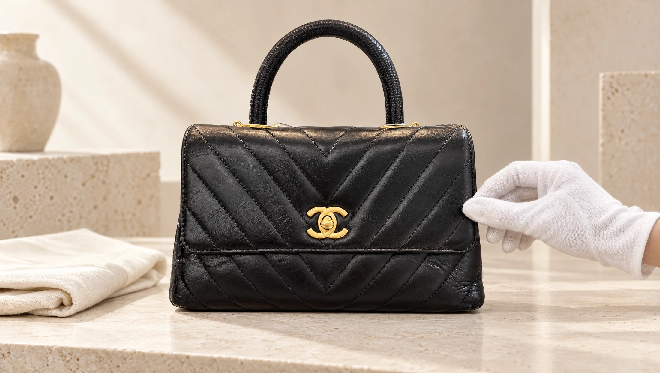 A gloved hand carefully checking the leather and stitching of a Chanel handbag
